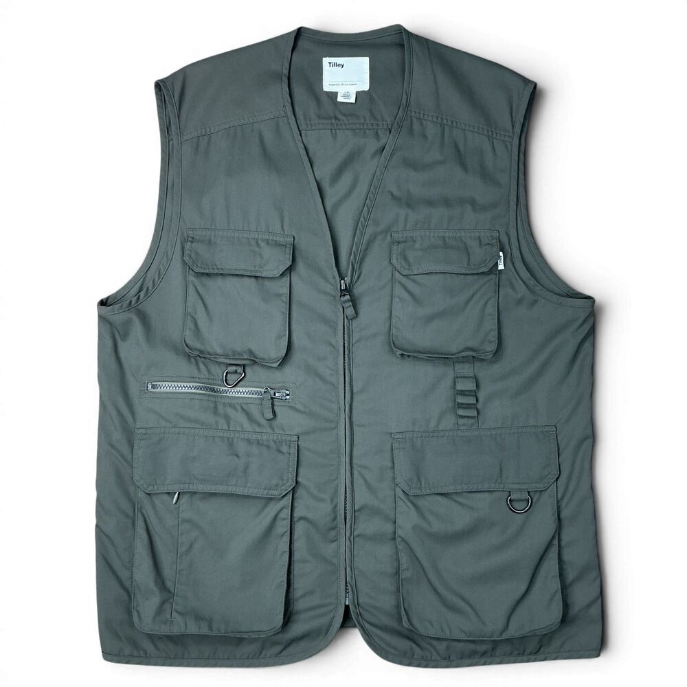 Tilley Multi Pocket Fishing Vest Mens Size L Green Khaki Lightweight Travel